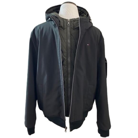 EUC Tommy Hilfiger Black/Green Soft-Shell Hooded Bomber Jacket with Bib. Size M. - Picture 2 of 10